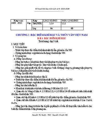 Kế hoạch bài dạy Lịch sử 8 (Kết nối tri thức) - Chương 2 - Bài 4: Đặc điểm khí hậu - Năm học 2023-2024 - Trường THCS Nguyễn Chuyên Mỹ