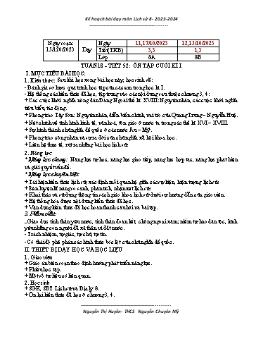 Kế hoạch bài dạy Lịch sử 8 (Kết nối tri thức) - Tuần 18 - Bài: Ôn tập cuối học kì 1 - Năm học 2023-2024 - Trường THCS Nguyễn Chuyên Mỹ