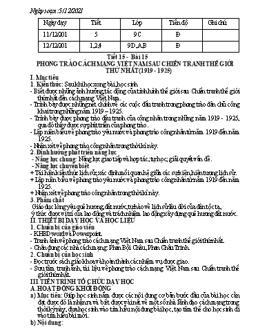 Kế hoạch bài dạy Lịch sử 9 (Kết nối tri thức) - Bài: Phong trào cách mạng Việt Nam sau chiến tranh thế giới thứ nhất (1919-1925) - Năm học 2021-2022 - Trường THCS Nguyễn Chuyên Mỹ