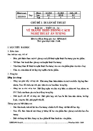 Kế hoạch bài dạy Mĩ thuật 8 (Cánh diều) - Chủ đề 1 - Bài 10: Vẽ tranh theo phong cách nghệ thuật ấn tượng - Năm học 2023-2024 - Trường THCS Nguyễn Chuyên Mỹ