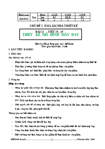 Kế hoạch bài dạy Mĩ thuật 8 (Cánh diều) - Chủ đề 1 - Bài 11: Thiết kế mô hình máy bay - Năm học 2023-2024 - Trường THCS Nguyễn Chuyên Mỹ