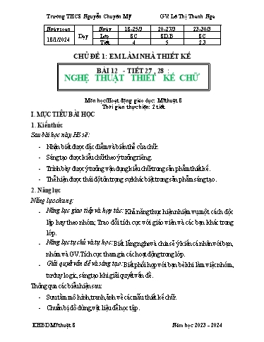 Kế hoạch bài dạy Mĩ thuật 8 (Cánh diều) - Chủ đề 1 - Bài 12: Nghệ thuật thiết kế chữ - Năm học 2023-2024 - Lê Thị Thanh Nga