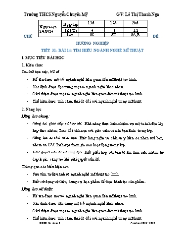 Kế hoạch bài dạy Mĩ thuật 8 (Cánh diều) - Chủ đề 1 - Bài 14: Tìm hiểu ngành nghề mĩ thuật - Năm học 2023-2024 - Lê Thị Thanh Nga