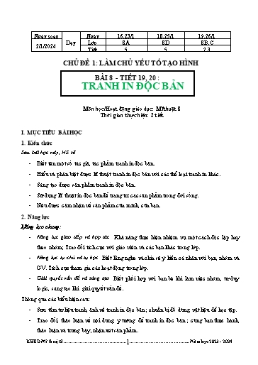 Kế hoạch bài dạy Mĩ thuật 8 (Cánh diều) - Chủ đề 1 - Bài 8: Tranh in độc bản - Năm học 2023-2024 - Trường THCS Nguyễn Chuyên Mỹ