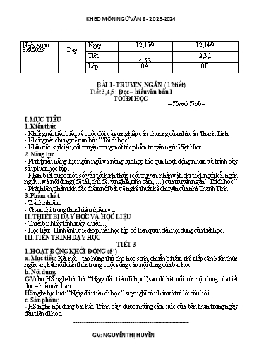 Kế hoạch bài dạy Ngữ văn 8 (Cánh diều) - Bài 1: Đọc hiểu văn bản Tôi đi học - Năm học 2023-2024 - Nguyễn Thị Huyền