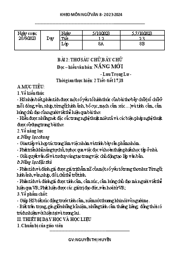Kế hoạch bài dạy Ngữ văn 8 (Cánh diều) - Bài 2: Thơ sáu chữ, bảy chữ Đọc hiểu văn bản Nắng mới - Năm học 2023-2024 - Nguyễn Thị Huyền