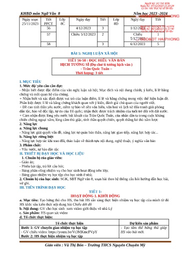 Kế hoạch bài dạy Ngữ văn 8 (Cánh diều) - Bài 5: Nghị luận xã hội. Đọc hiểu văn bản Hịch tướng sĩ - Năm học 2023-2024 - Vũ Thị Bốn