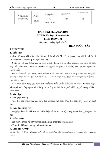 Kế hoạch bài dạy Ngữ văn 8 (Cánh diều) - Bài 5: Nghị luận xã hội. Đọc hiểu văn bản Hịch tướng sĩ - Năm học 2024-2025 - Lưu Nha Chang