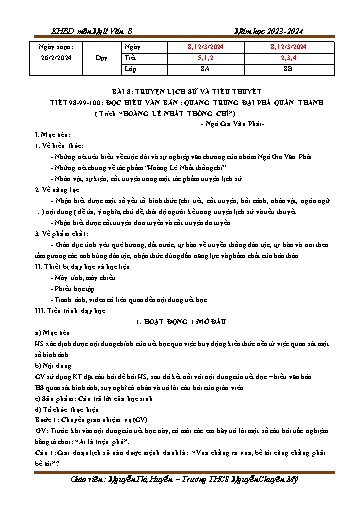 Kế hoạch bài dạy Ngữ văn 8 (Cánh diều) - Bài 8: Truyện lịch sử và tiểu thuyết. Đọc hiểu văn bản  Quang Trung đại phá Quân Thanh - Năm học 2023-2024 - Trường THCS Nguyễn Chuyên Mỹ