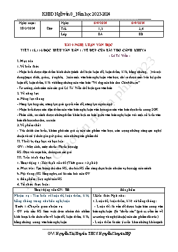 Kế hoạch bài dạy Ngữ văn 8 (Cánh diều) - Bài 9: Nghị Luận văn học. Đọc hiểu văn bản Vẻ đẹp của bài thơ cảnh khuya - Năm học 2023-2024 - Trường THCS Nguyễn Chuyên Mỹ