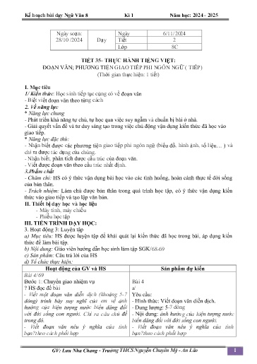 Kế hoạch bài dạy Ngữ văn 8 (Cánh diều) - Bài: Đoạn văn, phương tiện giao tiếp phi ngôn ngữ (Tiếp) - Năm học 2024-2025 - Lưu Nha Chang