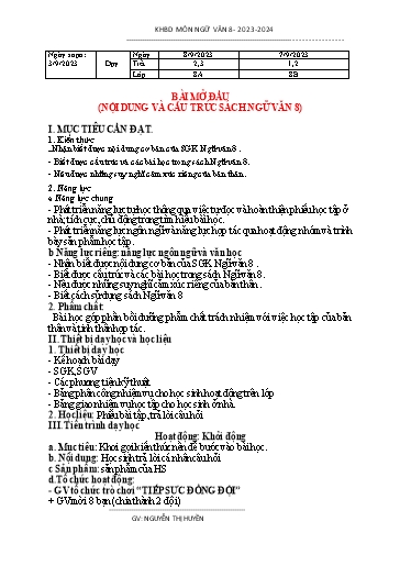 Kế hoạch bài dạy Ngữ văn 8 (Cánh diều) - Bài mở đầu - Năm học 2023-2024 - Trường THCS Nguyễn Chuyên Mỹ
