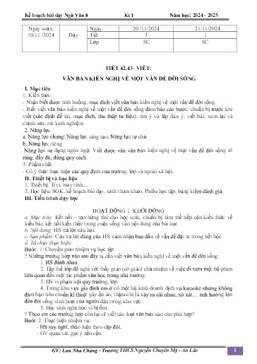 Kế hoạch bài dạy Ngữ văn 8 (Cánh diều) - Bài: Văn bản kiến nghị về một vấn đề đời sống - Năm học 2024-2025 - Lưu Nha Chang
