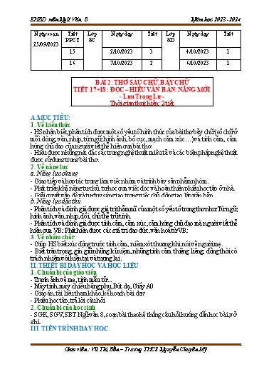 Kế hoạch bài dạy Ngữ văn 8 (Cánh diều) - Tiết 17+18 - Bài 5: Đọc hiểu văn bản Nắng mới - Năm học 2023-2024 - Vũ Thị Bốn