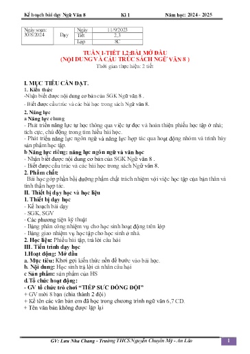 Kế hoạch bài dạy Ngữ văn 8 (Cánh diều) - Tuần 1 - Bài mở đầu - Năm học 2024-2025 - Lưu Nha Chang