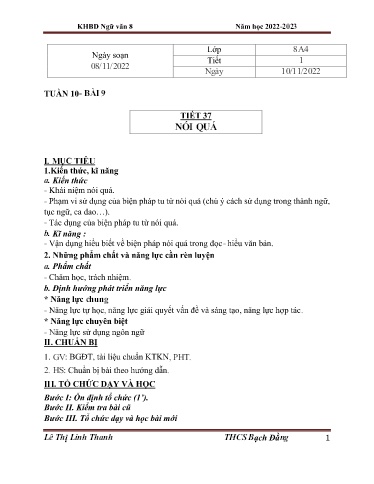 Kế hoạch bài dạy Ngữ văn 8 (Kết nối tri thức) - Tiết 37: Nói quá - Năm học 2022-2023 - Trường THCS Bạch Đằng