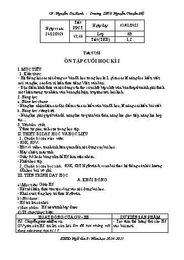 Kế hoạch bài dạy Sinh học 8 - Tiết 67+68 - Bài: Ôn tập cuối học kì 1 - Nguyễn Thị Hạnh