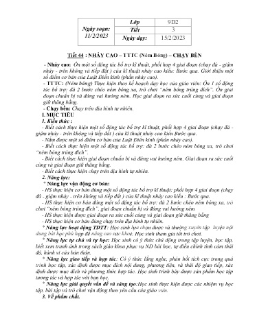 Kế hoạch bài dạy Thể dục 8 - Tiết 44: Nhảy cao, ném bóng, chạy bền - Năm học 2022-2023 - Trường THCS Bạch Đằng