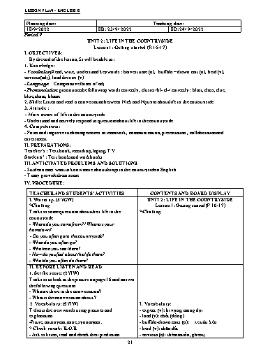 Kế hoạch bài dạy Tiếng Anh 8 (Global Success) - Unit 2: Lift in the countryside - Năm học 2022-2023 - Trường THCS Nguyễn Chuyên Mỹ