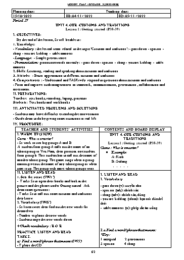 Kế hoạch bài dạy Tiếng Anh 8 (Global Success) - Unit 4: Our customs and traditions - Năm học 2022-2023 - Trường THCS Nguyễn Chuyên Mỹ