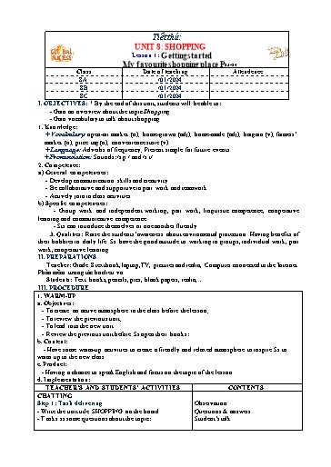 Kế hoạch bài dạy Tiếng Anh 8 (Global Success) - Unit 8: Shopping - Năm học 2023-2024 - Trường THCS Nguyễn Chuyên Mỹ