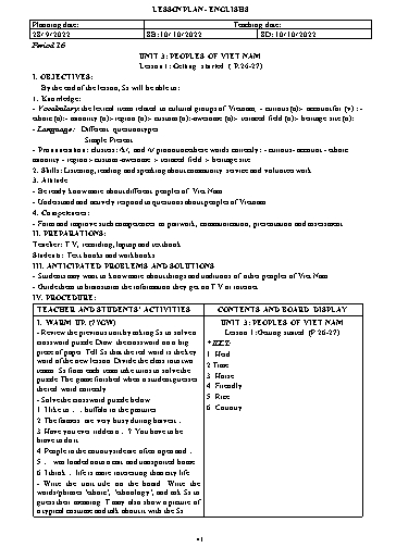 Kế hoạch bài dạy Tiếng Anh 8 - Unit 3: Peoples of Vietnam - Năm học 2022-2023 - Trường THCS Nguyễn Chuyên Mỹ