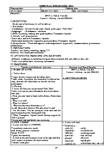 Kế hoạch bài dạy Tiếng Anh 8 - Unit 6: Folk tales - Năm học 2020-2021 - Trường THCS Nguyễn Chuyên Mỹ