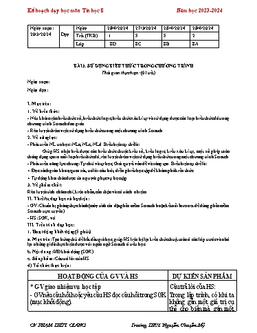 Kế hoạch bài dạy Tin học 8 (Cánh diều) - Bài 3: Sử dụng biểu thức trong chương trình - Năm học 2023-2024 - Phạm Thùy Giang