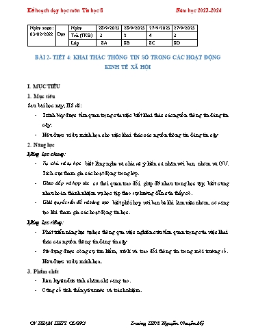 Kế hoạch bài dạy Tin học 8 (Cánh diều) - Bài 4: Khai thác thông tin số trong các hoạt động kinh tế xã hội - Năm học 2023-2024 - Phạm Thùy Giang Trường THCS Nguyễn Chuyên Mỹ