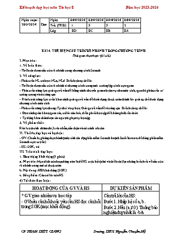 Kế hoạch bài dạy Tin học 8 (Cánh diều) - Bài 4: Thể hiện cấu trúc rẽ nhánh trong chương trình - Năm học 2023-2024 - Phạm Thùy Giang