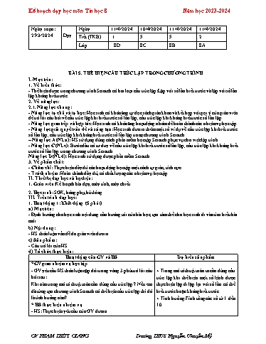 Kế hoạch bài dạy Tin học 8 (Cánh diều) - Bài 5: Thể hiện cấu trúc lặp trong chương trình - Năm học 2023-2024 - Phạm Thùy Giang