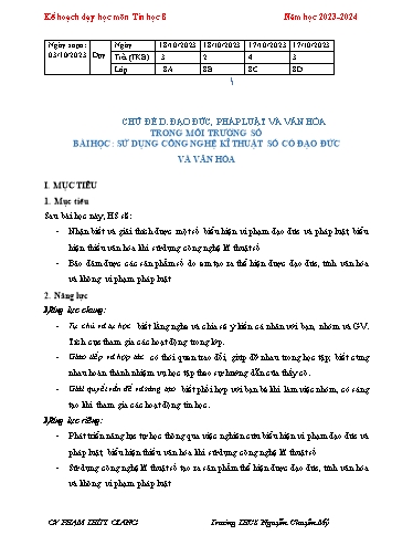 Kế hoạch bài dạy Tin học 8 (Cánh diều) - Chủ đề D - Bài: Sử dụng công nghệ kĩ thuật số có đạo đức và văn hóa - Năm học 2023-2024 - Phạm Thùy Giang