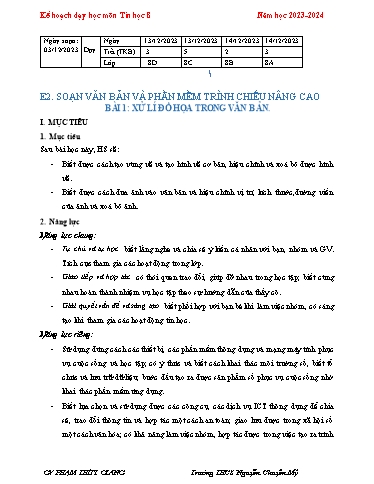 Kế hoạch bài dạy Tin học 8 (Cánh diều) - Chủ đề E2 - Bài 1: Xử lí đồ họa trong văn bản - Năm học 2023-2024 - Phạm Thùy Giang