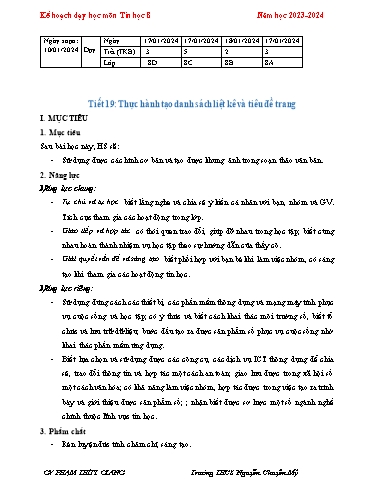 Kế hoạch bài dạy Tin học 8 (Cánh diều) - Tiết 19: Thực hành tạo danh sách liệt kê - Năm học 2023-2024 - Phạm Thùy Giang