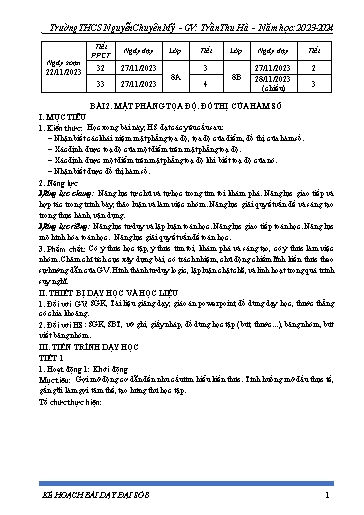 Kế hoạch bài dạy Toán 8 (Cánh diều) - Bài 2: Mặt phẳng tọa độ, đô thị của hàm số - Năm học 2023-2024 - Trần Thu Hà