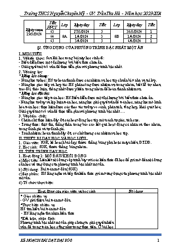Kế hoạch bài dạy Toán 8 (Cánh diều) - Bài 2: Ứng dụng của phương trình bậc nhất một ẩn - Năm học 2023-2024 - Trần Thu Hà