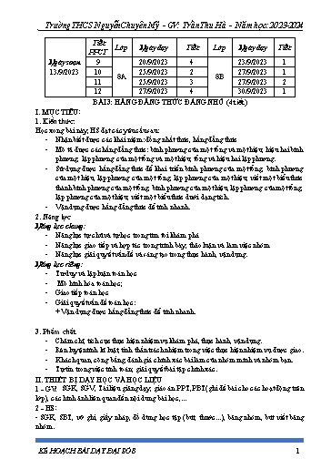 Kế hoạch bài dạy Toán 8 (Cánh diều) - Bài 3: Hằng đẳng thức đáng nhớ - Năm học 2023-2024 - Trần Thu Hà