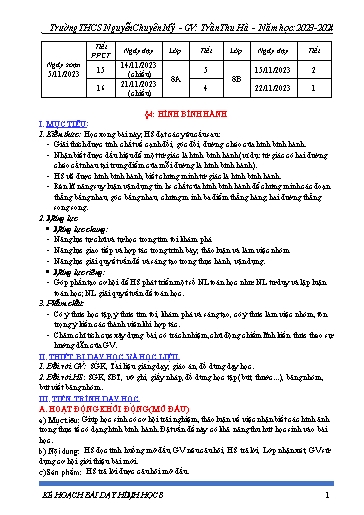 Kế hoạch bài dạy Toán 8 (Cánh diều) - Bài 4: Hình bình hành - Năm học 2023-2024 - Trường THCS Nguyễn Chuyên Mỹ