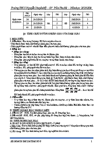 Kế hoạch bài dạy Toán 8 (Cánh diều) - Bài 4: Tính chất đường phân giác của tam giác - Năm học 2023-2024 - Trần Thu Hà
