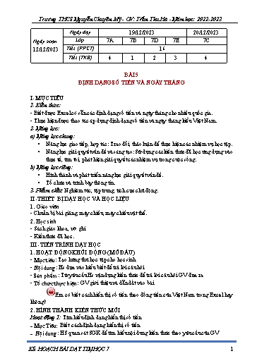 Kế hoạch bài dạy Toán 8 (Cánh diều) - Bài 5: Định dạng số tiền và ngày tháng - Năm học 2022-2023 - Trần Thu Hà
