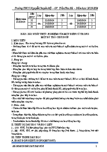 Kế hoạch bài dạy Toán 8 (Cánh diều) - Bài 5: Xác xuất thực nghiệm cảu một biến cố trong một số trò chơi đơn - Năm học 2023-2024 - Trần Thu Hà