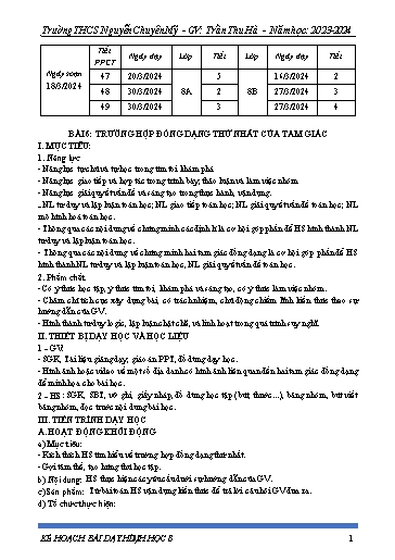 Kế hoạch bài dạy Toán 8 (Cánh diều) - Bài 6: Trường hợp đồng dạng thứ nhất của tam giác - Năm học 2023-2024 - Trần Thu Hà