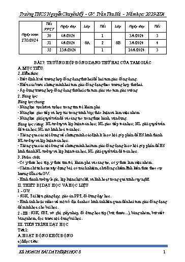 Kế hoạch bài dạy Toán 8 (Cánh diều) - Bài 7: Trường hợp đồng dạng thứ hai của tam giác - Năm học 2023-2024 - Trần Thu Hà