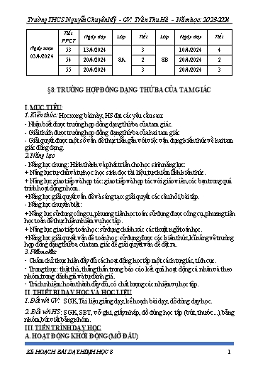 Kế hoạch bài dạy Toán 8 (Cánh diều) - Bài 8: Trường hợp đồng dạng thứ ba của tam giác - Năm học 2023-2024 - Trần Thu Hà