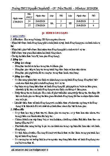 Kế hoạch bài dạy Toán 8 (Cánh diều) - Bài 9: Hình đồng dạng - Năm học 2023-2024 - Trần Thu Hà