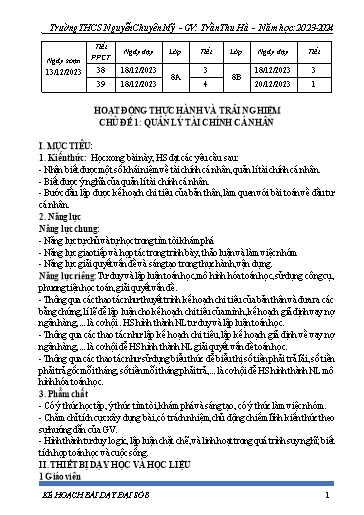 Kế hoạch bài dạy Toán 8 (Cánh diều) - Chủ đề 1: Quản lí tài chính cá nhân - Năm học 2023-2024 - Trần Thu Hà