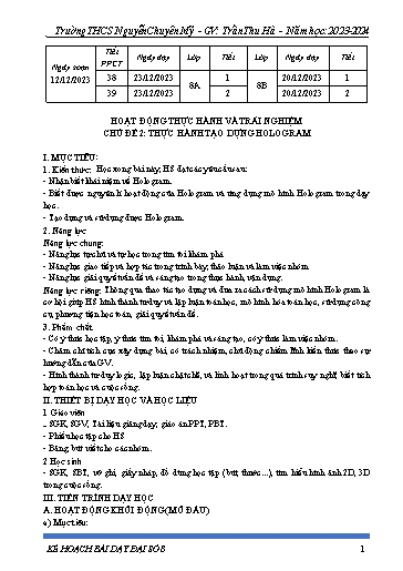 Kế hoạch bài dạy Toán 8 (Cánh diều) - Chủ đề 2: Thực hành tạo dựng Hologram - Năm học 2023-2024 - Trần Thu Hà