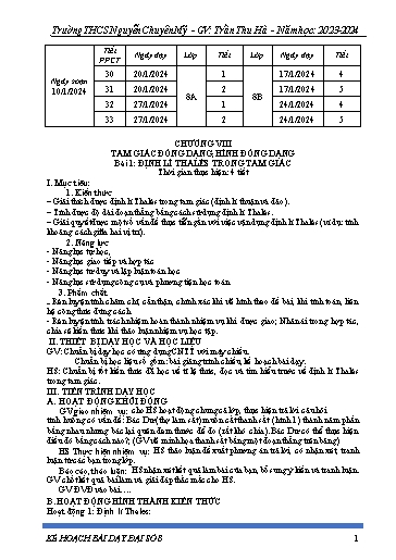 Kế hoạch bài dạy Toán 8 (Cánh diều) - Chương VIII - Bài 1: Định lí Thalès trong tam giác - Năm học 2023-2024 - Trần Thu Hà