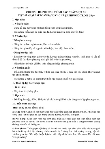 Kế hoạch bài dạy Toán 8 - Chương 3 - Tiết 45: Giải bài toán bằng cách lập phương trình (Tiếp) - Nguyễn Xuân Hoàng