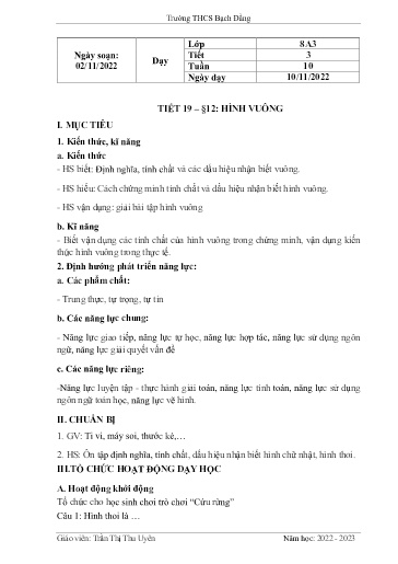 Kế hoạch bài dạy Toán 8 - Tiết 19 - Bài 12: Hình vuông - Năm học 2022-2023 - Trường THCS Bạch Đằng